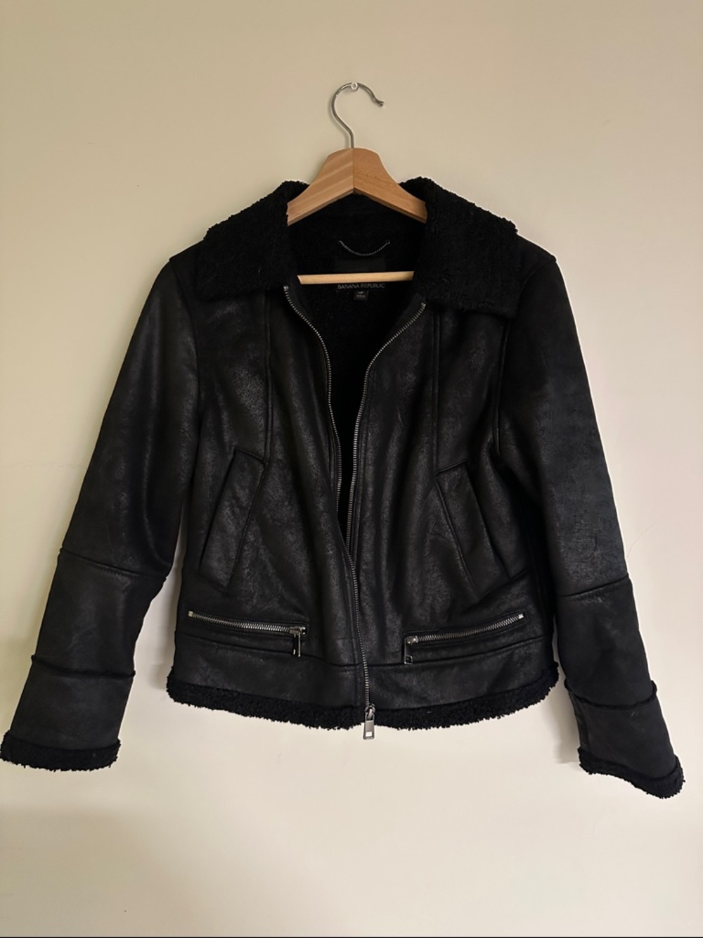 Banana Republic Black Faux Shearling Biker Jacket